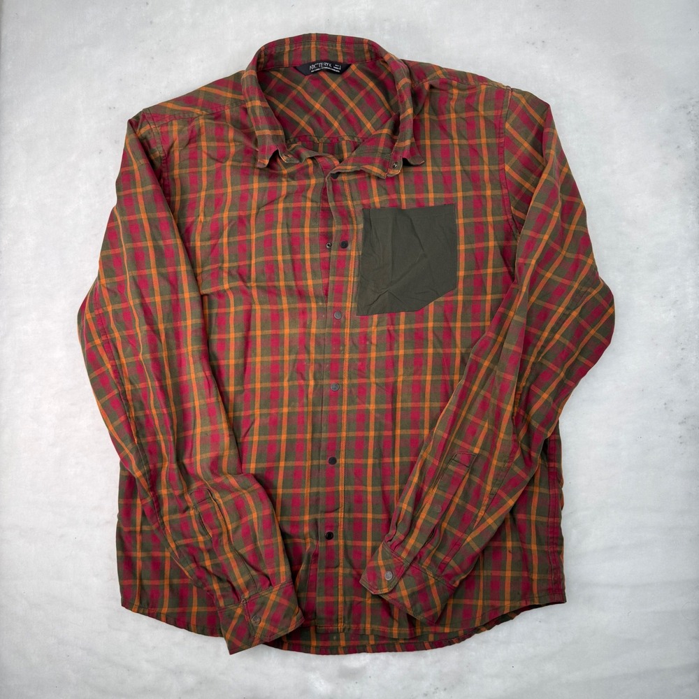 Arc'teryx Bernal Flannel Shirt L Snap Up Men's L Red Green Orange Plaid Pocket